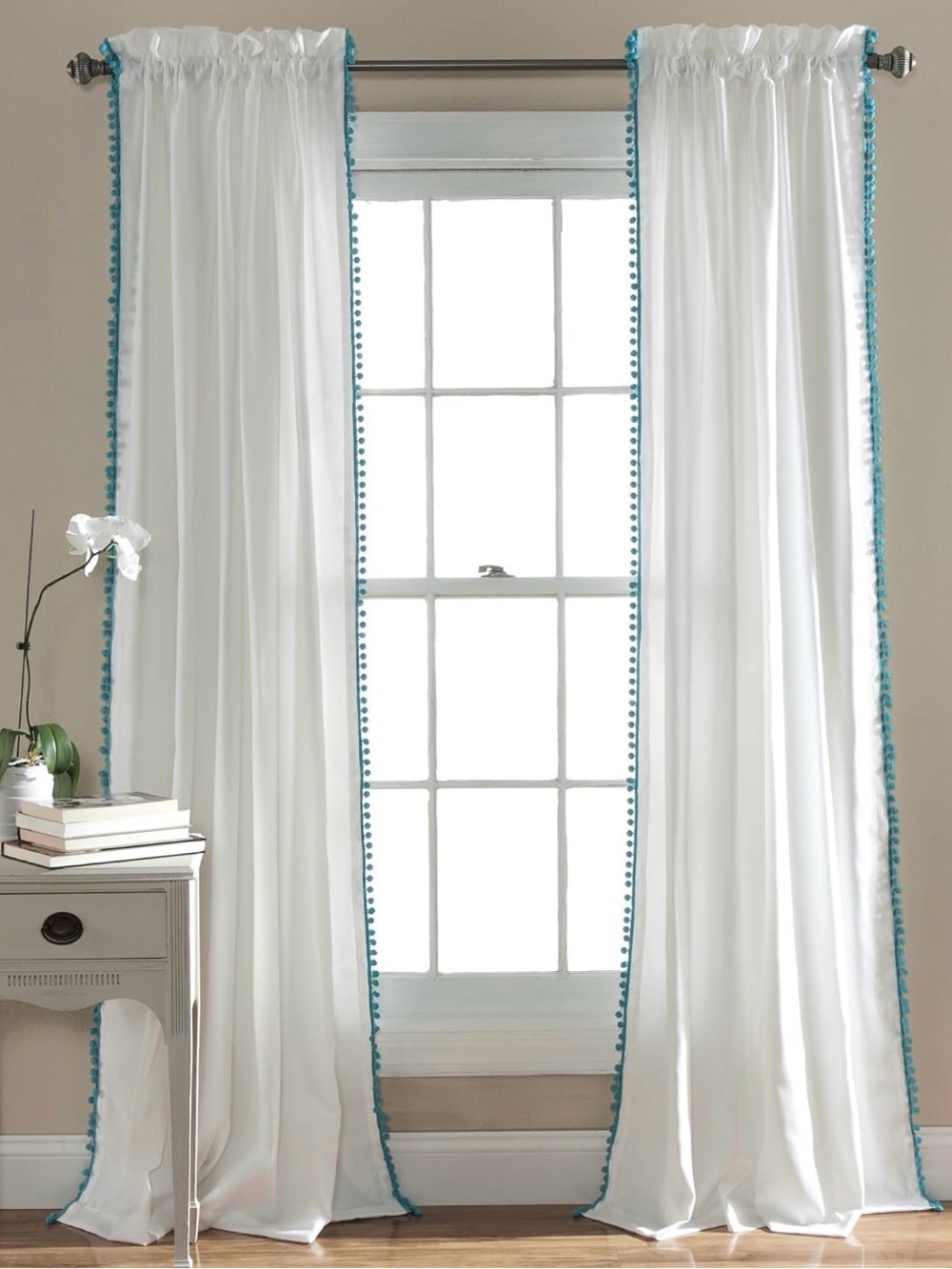 Pom Curtain | Textured, Solid Color Vintage Chic Style Window Panel 2 pack